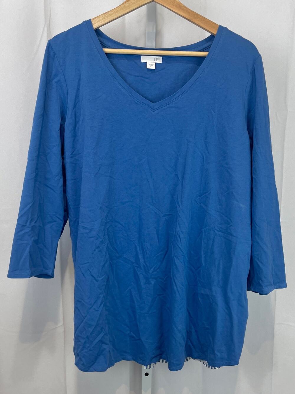 J. JILL Mixed Media V Neck Top 3/4 Sleeve Pullover Stripe Button Back Blue L